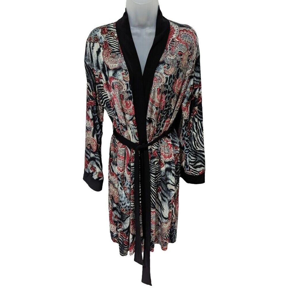 Diamond Tea Floral Robe Kimono Mid Length Satin Black & Red Size XL